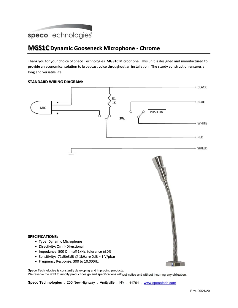 Page n°1 - Manuel utilisateur Speco Technologies MGS1C