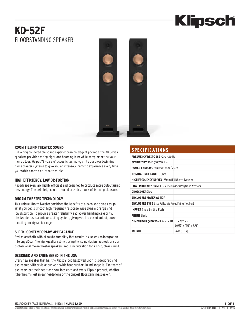 Page 1 de la notice Fiche technique Klipsch KD-52F