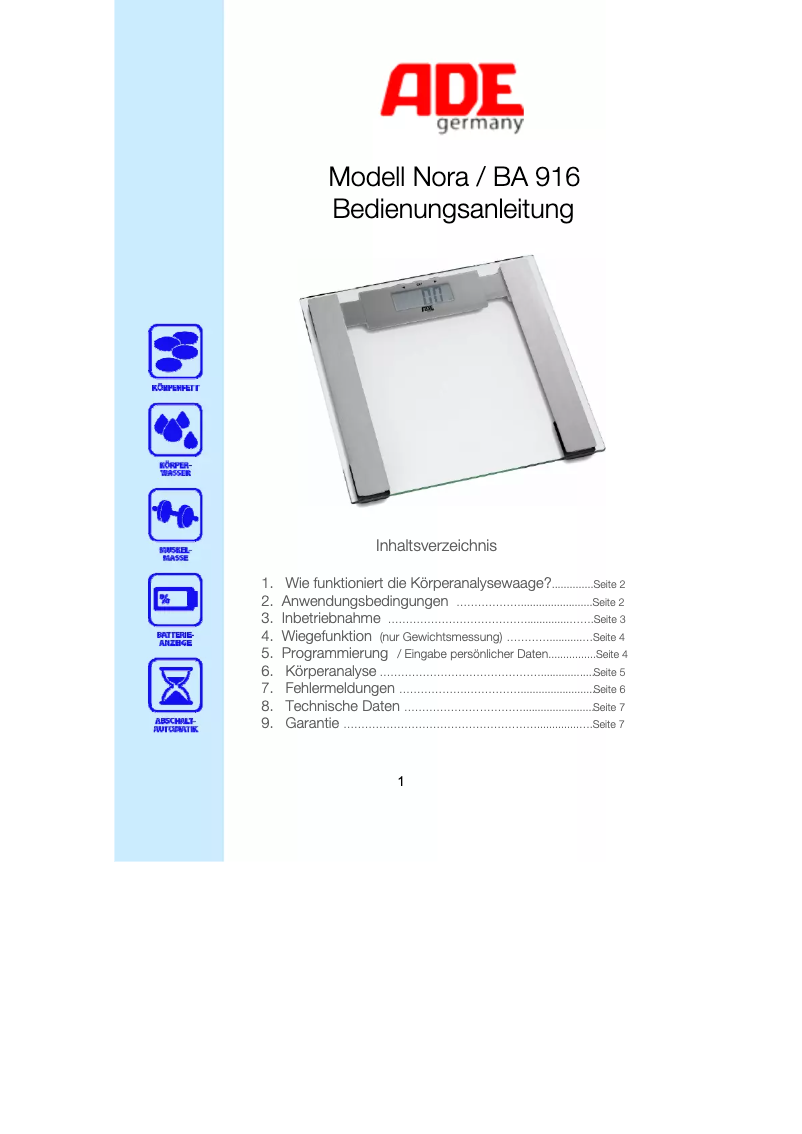 Page 1 de la notice Manuel utilisateur ADE Nora BA 916