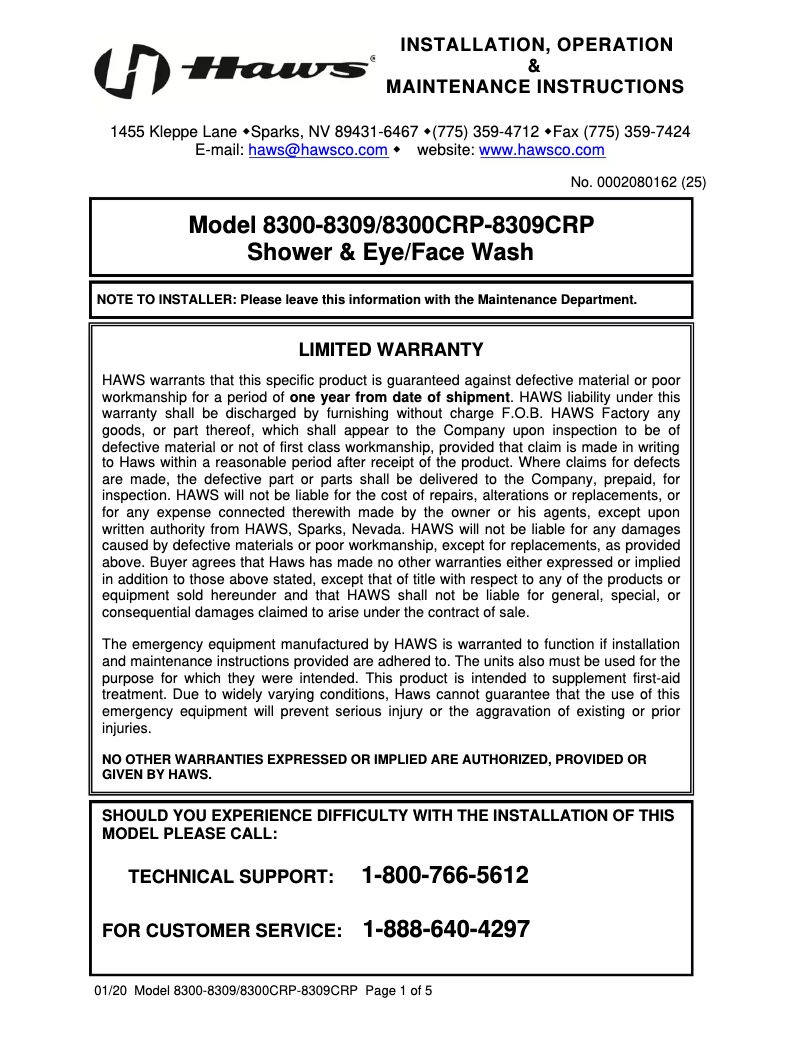 Page 1 de la notice Manuel utilisateur Haws 8300CRP-8309CRP
