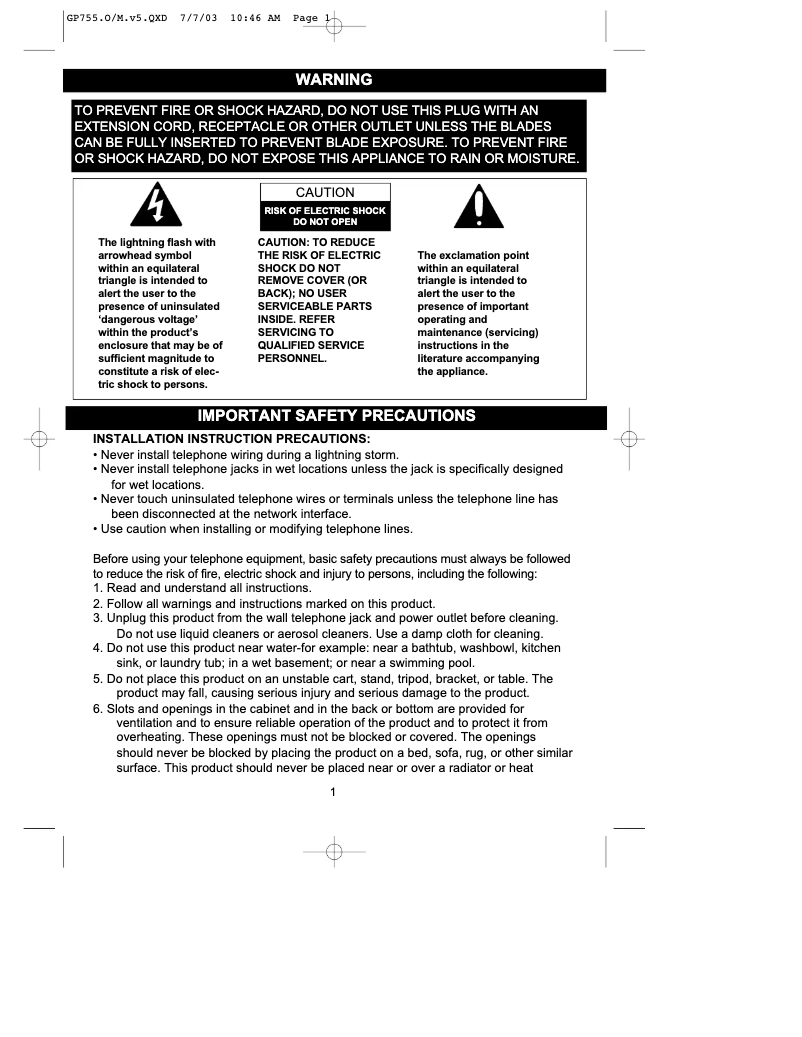 Image de la première page du manuel de l'appareil GP755