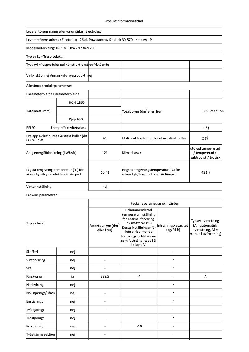 Page 1 de la notice Fiche technique Electrolux LRC5ME38W2