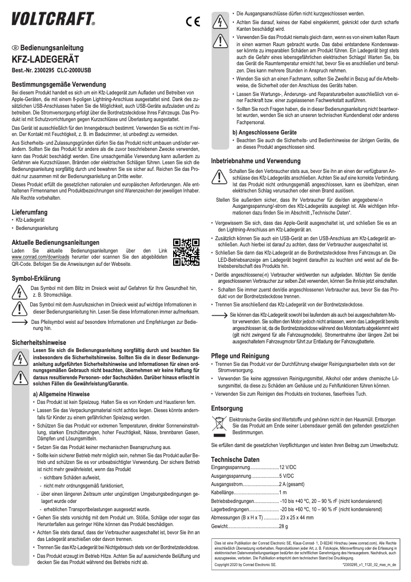 Page 1 de la notice Manuel utilisateur Voltcraft CLC-2000USB