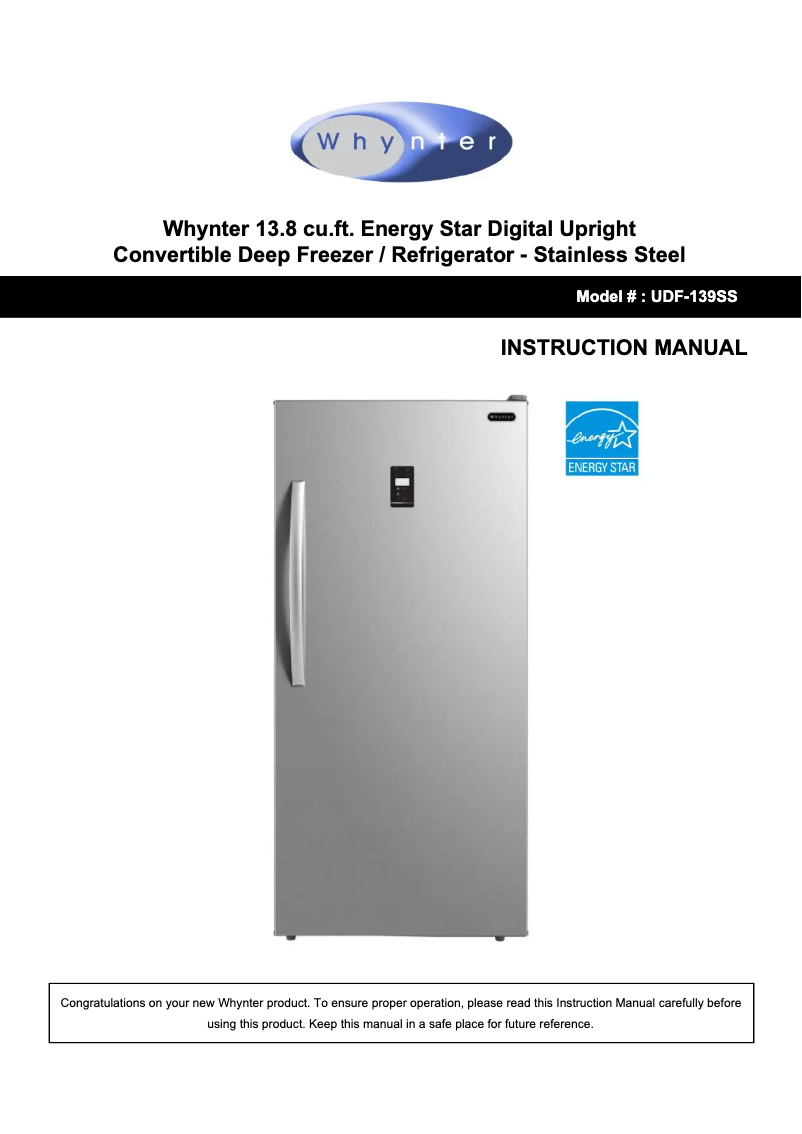 Page 1 de la notice Manuel utilisateur Whynter UDF-139SS