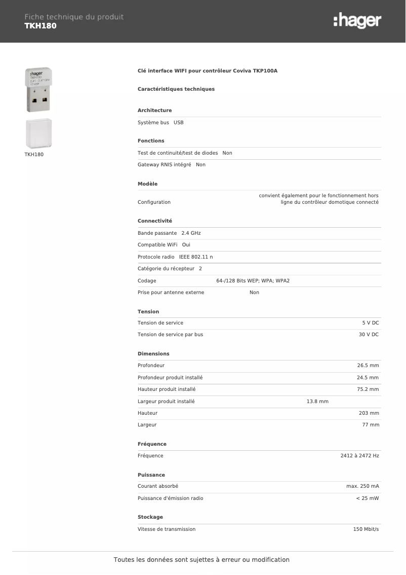 Page n°1 - Fiche technique Hager TKH180