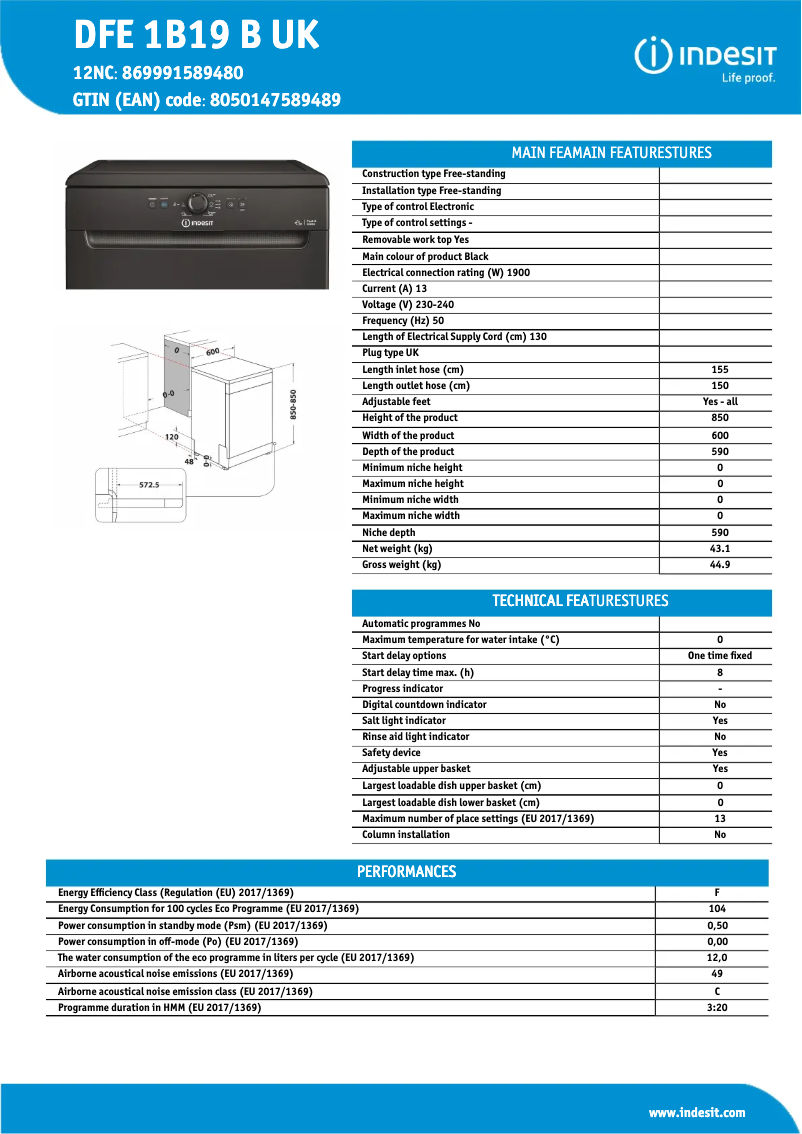 Página 1 del manual Ficha técnica Indesit Ecotime DFE 1B19 B UK
