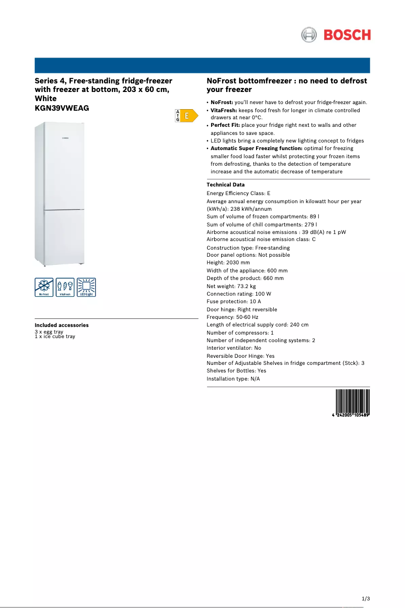 Page 1 de la notice Fiche technique Bosch Serie 4 KGN39VWEAG