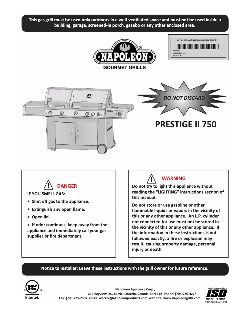 Page n°1 - Manuel utilisateur Napoleon Prestige II 750