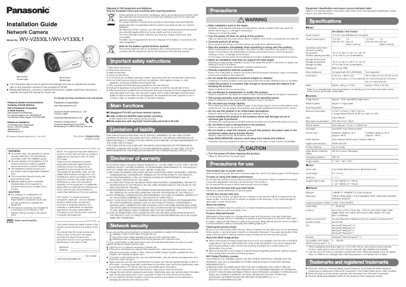 Page 1 de la notice Manuel utilisateur Panasonic WV-V2530L1