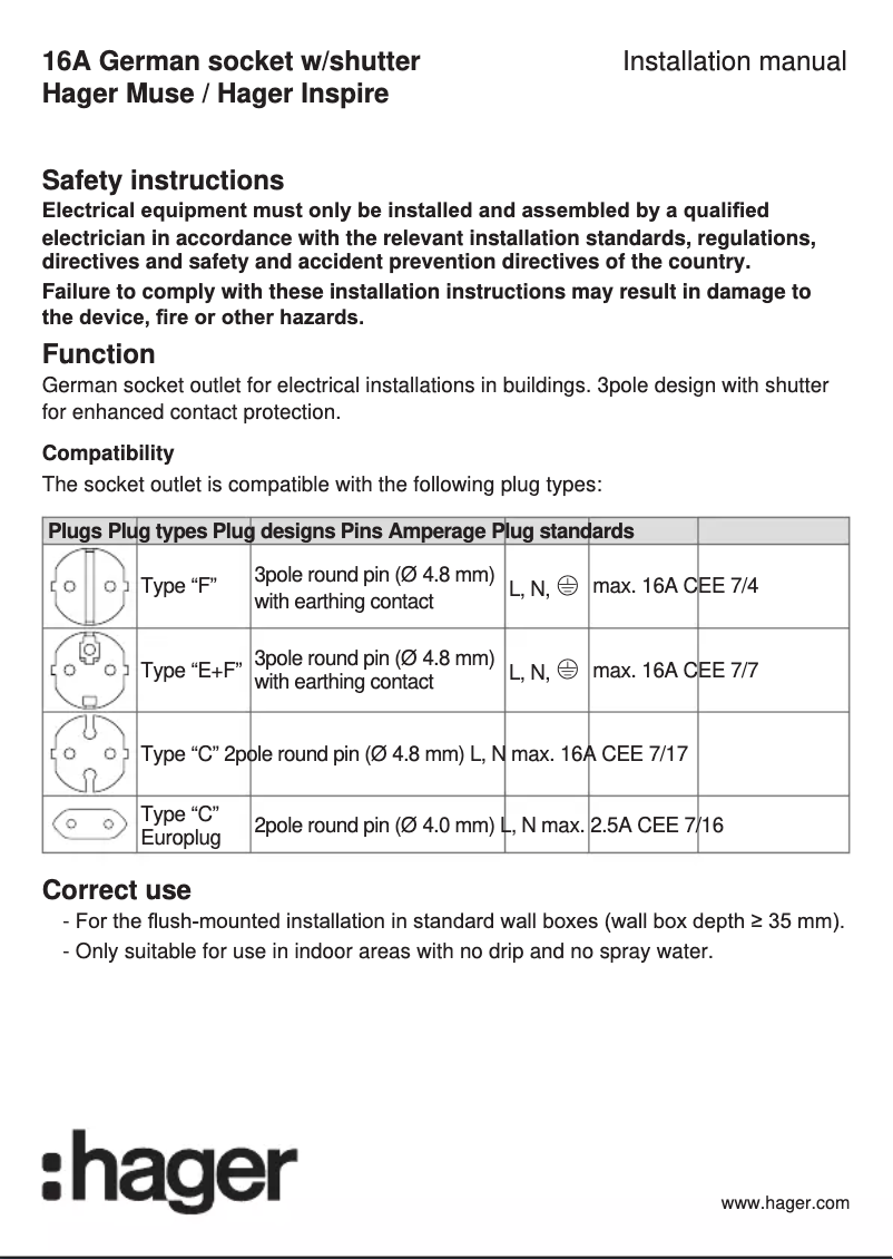 Page 1 de la notice Manuel utilisateur Hager WGCS116S