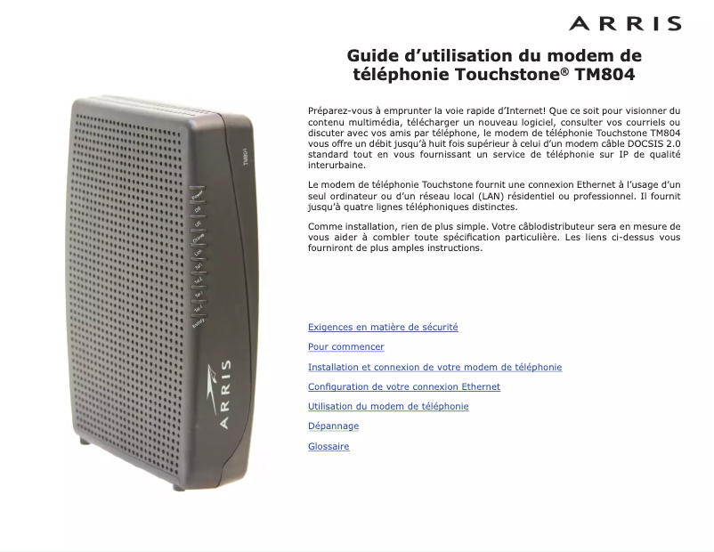 Page 1 de la notice Manuel utilisateur Arris Touchstone TM804