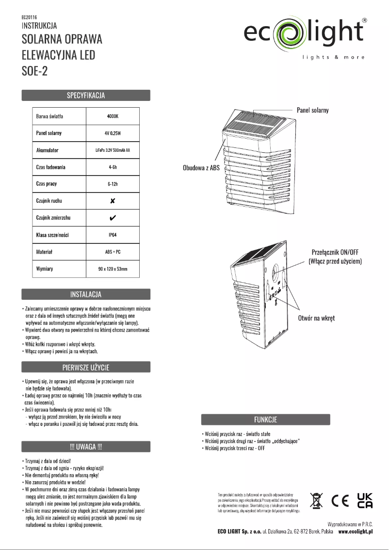 Page 1 de la notice Manuel utilisateur Ecolight SOE-2