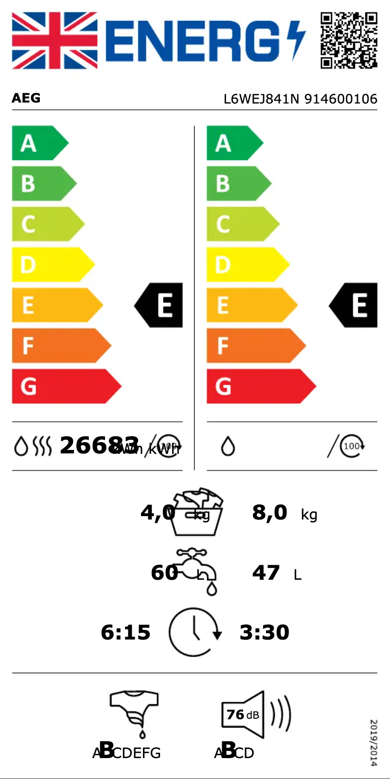 Page 1 de la notice Label énergétique AEG L6WEJ841N