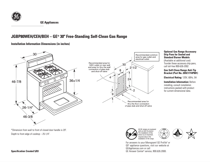 Page 1 de la notice Fiche technique GE JGBP80CEHCC