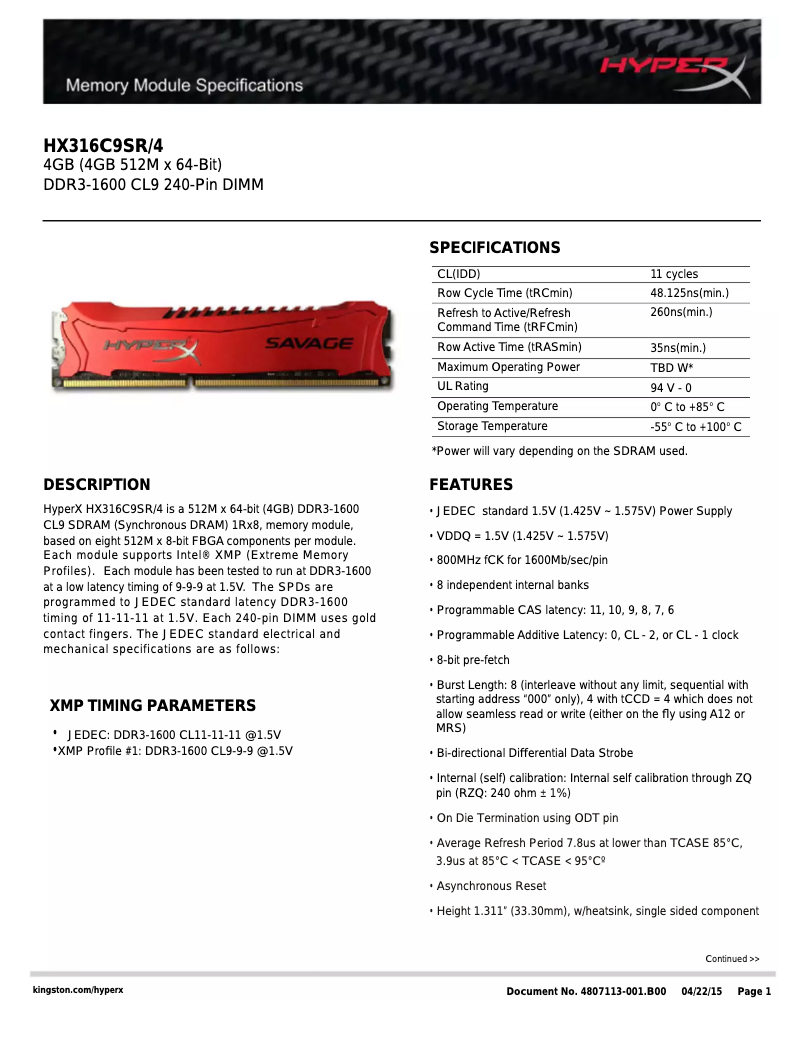 Page 1 de la notice Manuel utilisateur Kingston HyperX Savage