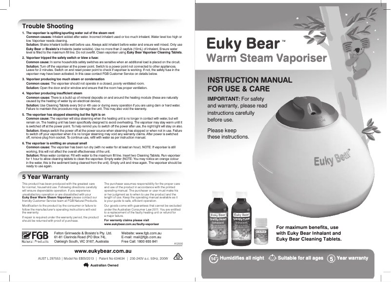 Page n°1 - Manuel utilisateur Euky Bear Warm Steam Vaporiser
