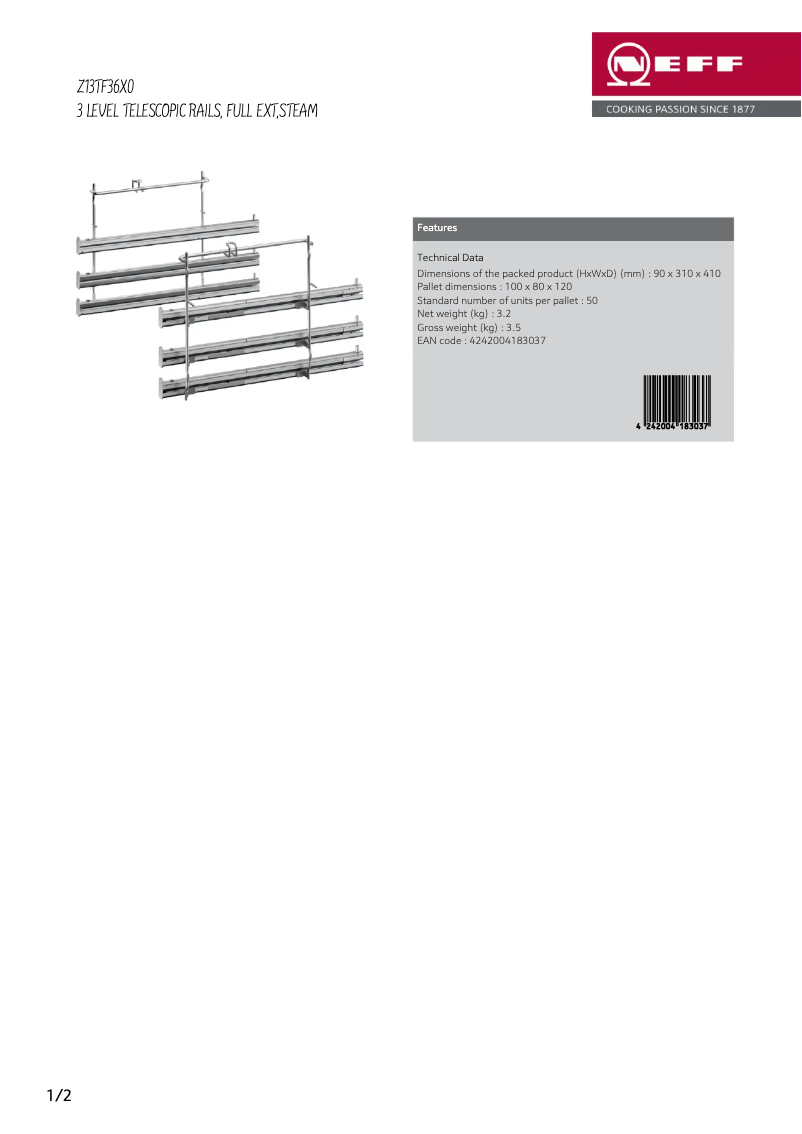 Page 1 de la notice Fiche technique Neff Z13TF36X0