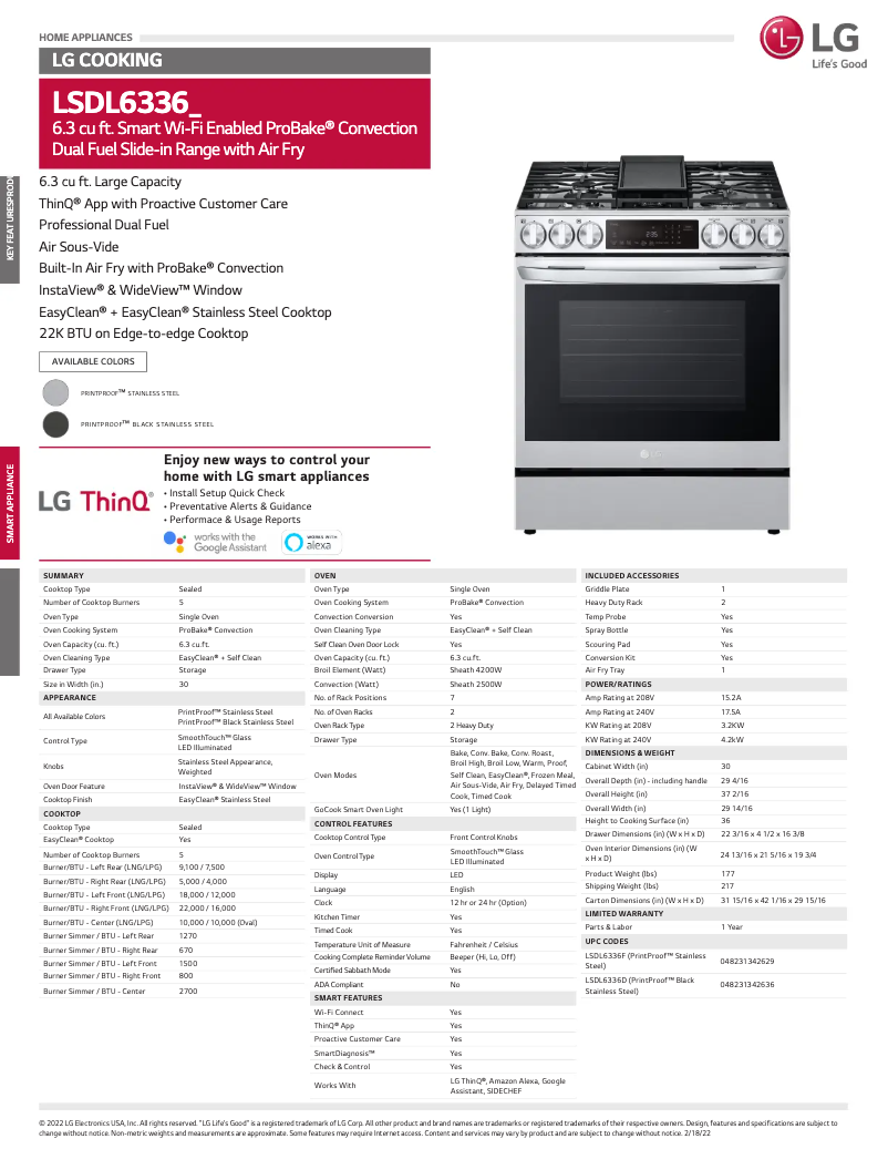 Page 1 de la notice Fiche technique LG LSDL6336F