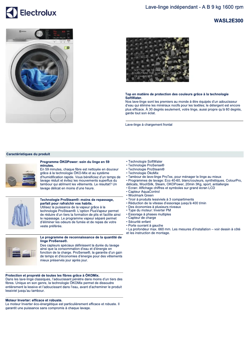 Page 1 de la notice Fiche technique Electrolux WASL2E300