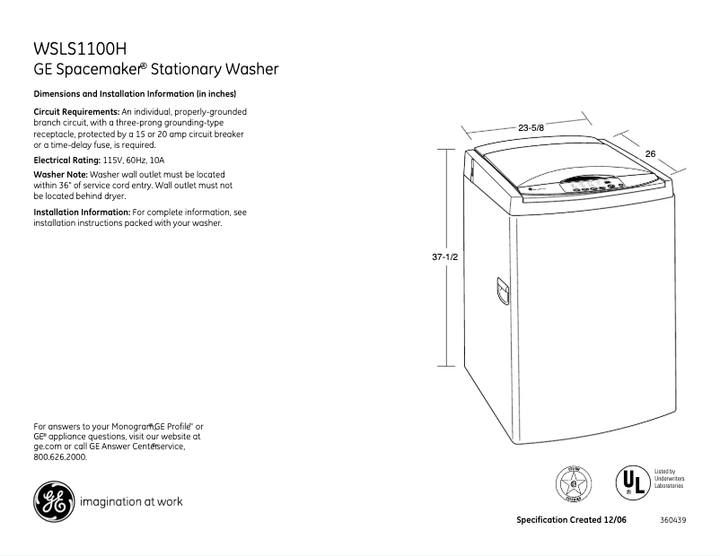 Page 1 de la notice Fiche technique GE WSLS1100HWW