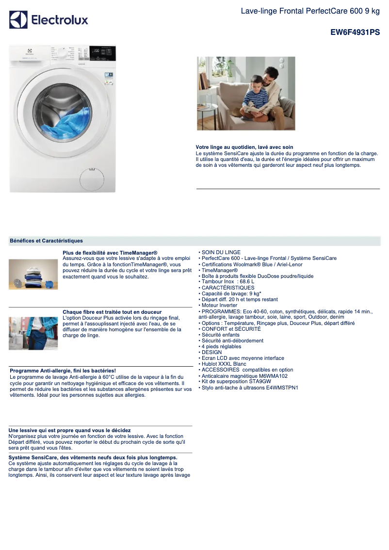 Page n°1 - Fiche technique Electrolux EW6F4931PS