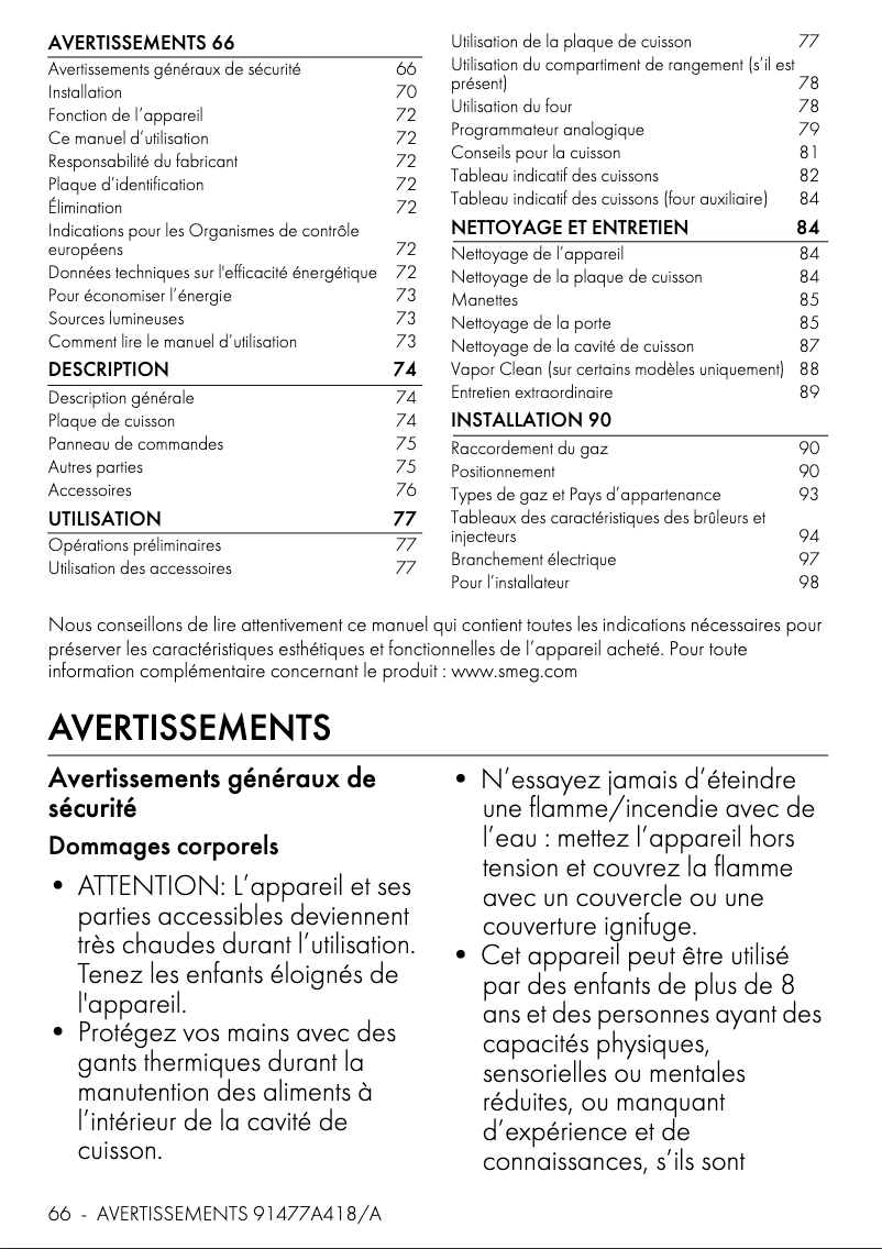 Page 1 de la notice Manuel utilisateur Smeg C92GMX2