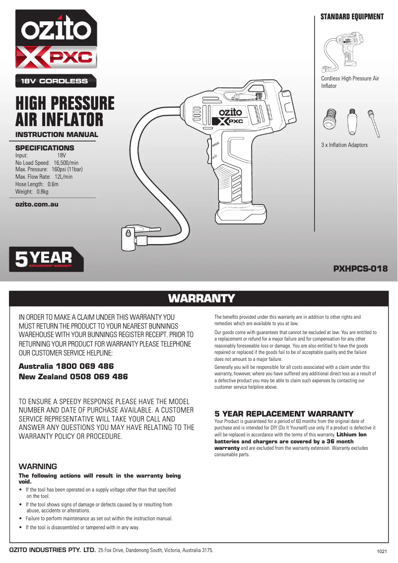 Page 1 de la notice Manuel utilisateur Ozito PXHPCK-250