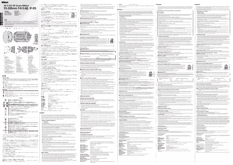 Page 1 de la notice Manuel utilisateur Nikon Nikkor AF-S DX VR Zoom-Nikkor 55-200mm f/4-5.6G IF-ED