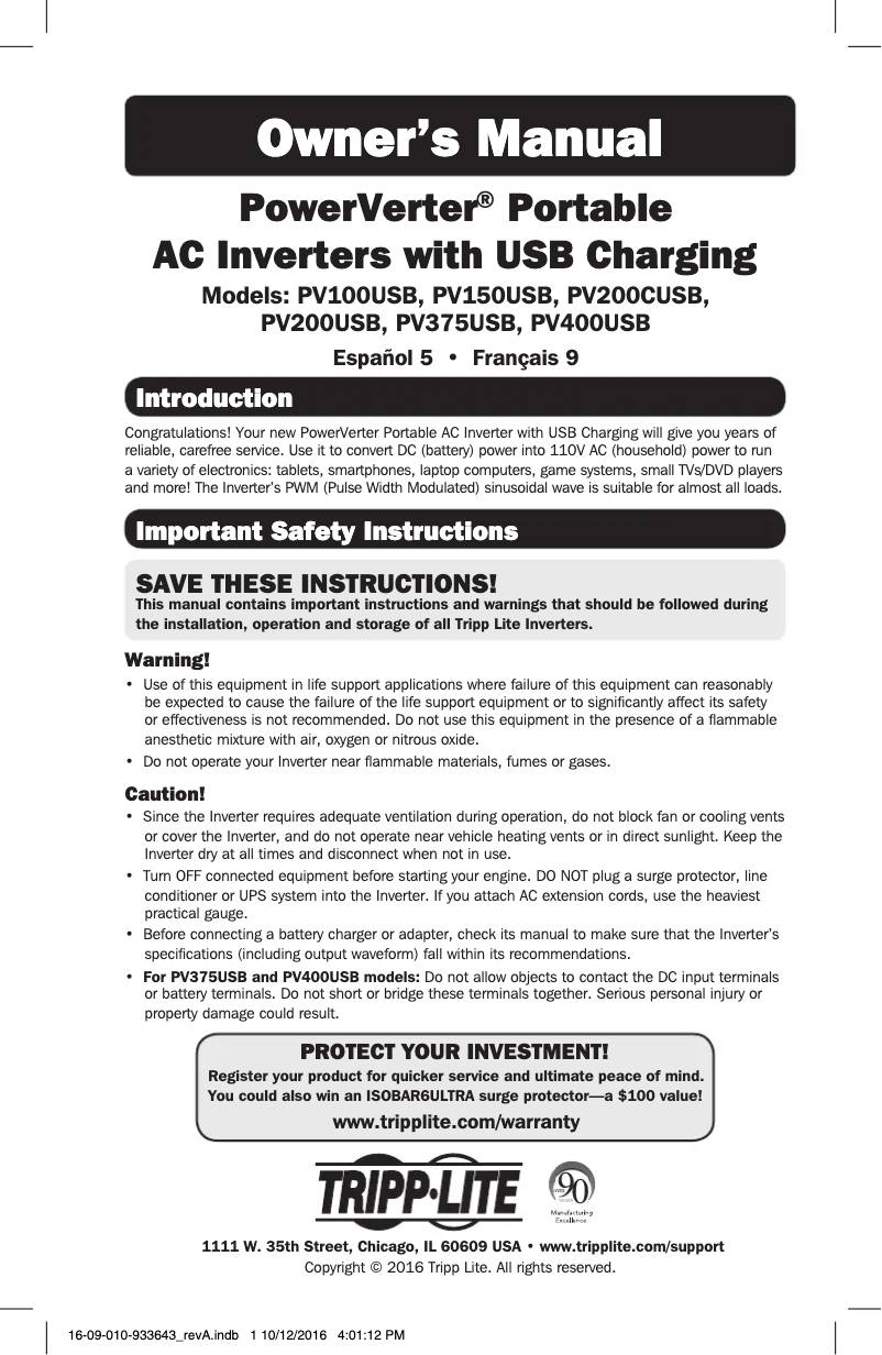 Page 1 de la notice Manuel utilisateur Tripp Lite PowerVerter PV150USB