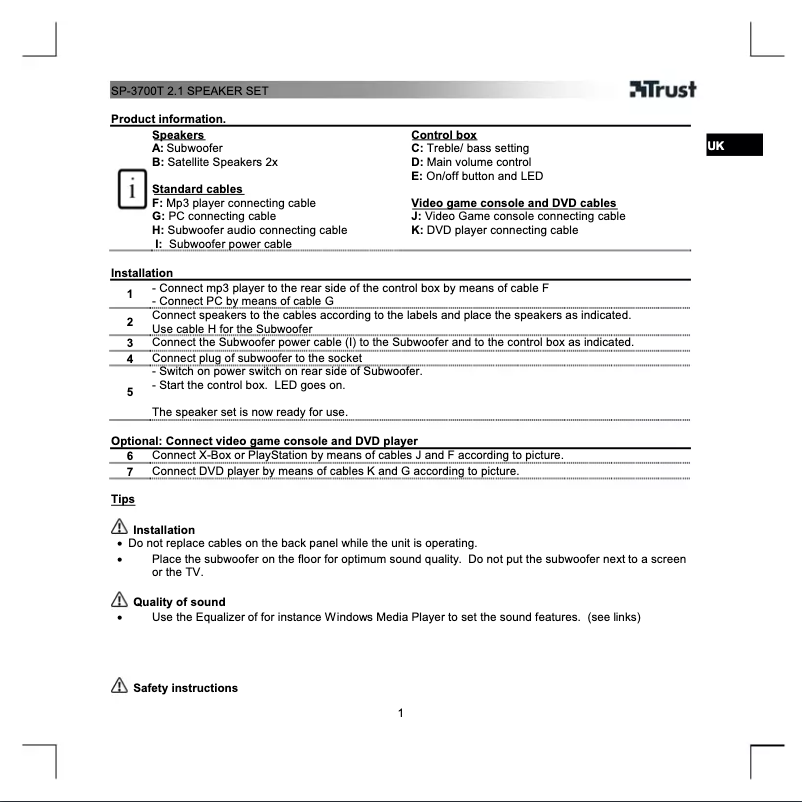 Page n°1 - Manuel utilisateur Trust SoundForce SP-3700T