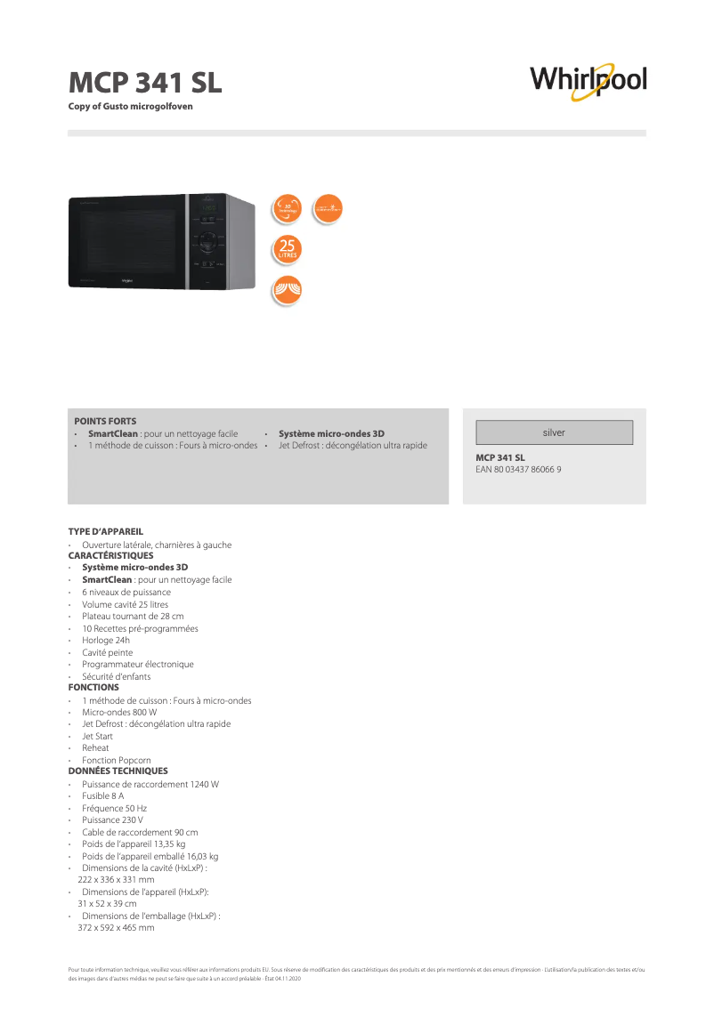 Page 1 de la notice Fiche technique Whirlpool ChefPlus MCP 341