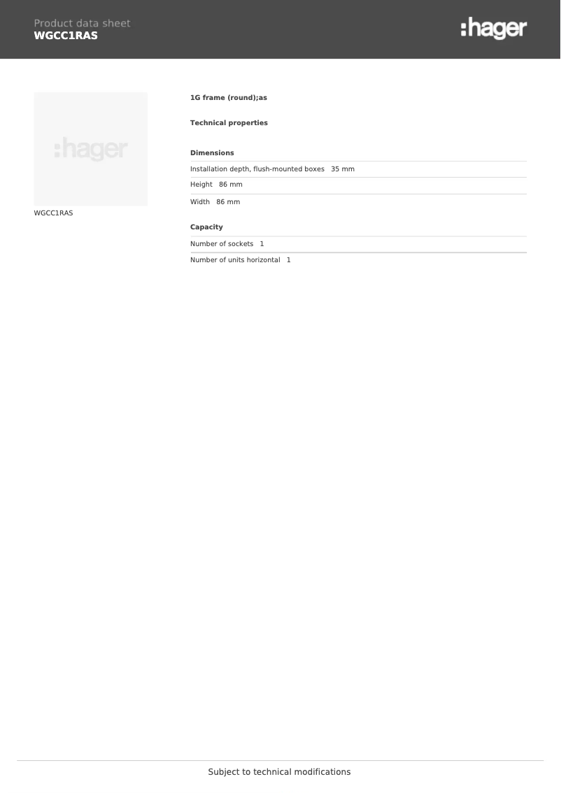 Page n°1 - Fiche technique Hager WGCC1RAS