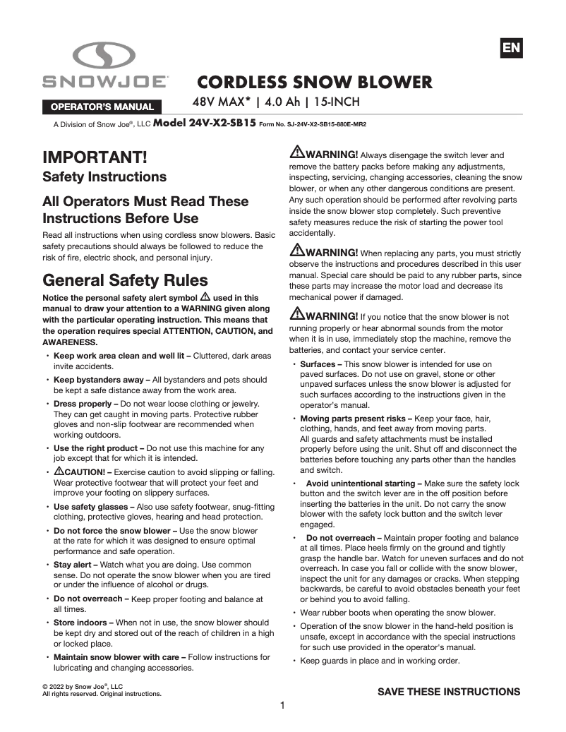 Page 1 de la notice Manuel utilisateur Snow Joe 24V-X2-SB15