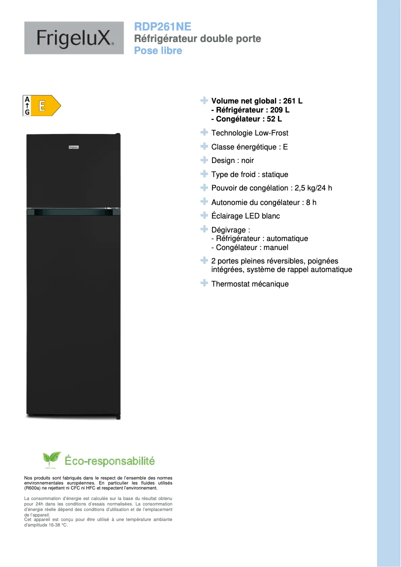 Page n°1 - Fiche technique FrigeluX RDP261NE
