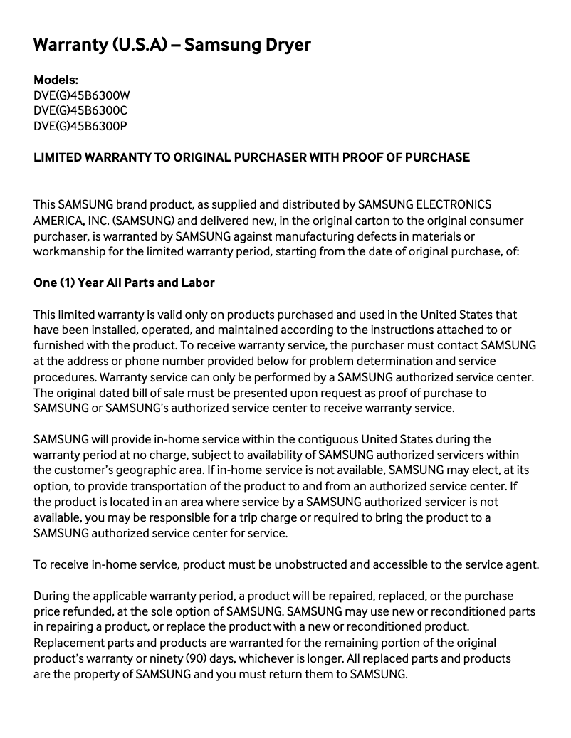 Page n°1 - Informations de garantie Samsung DVE45B6300W
