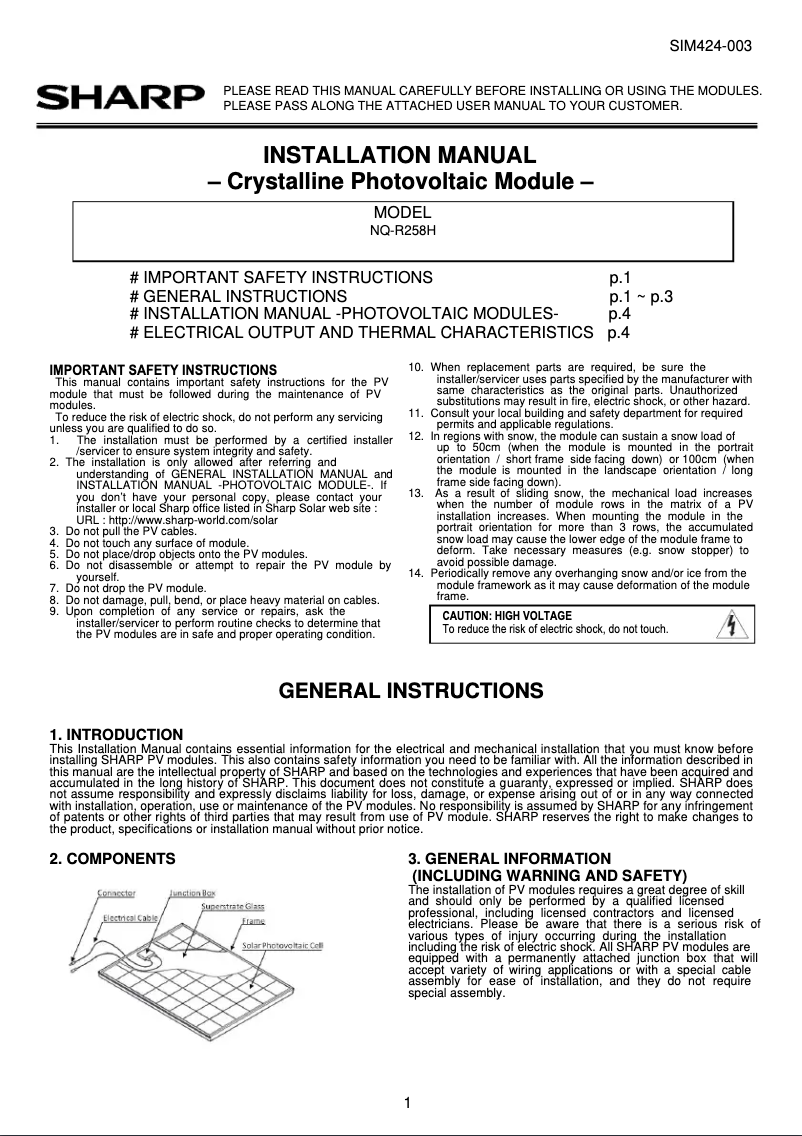 Page n°1 - Manuel utilisateur Sharp NQ-R258H