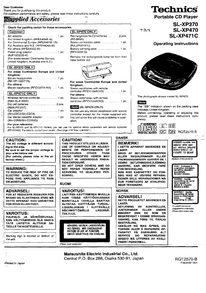 Page 1 de la notice Manuel utilisateur Panasonic SL-XP470