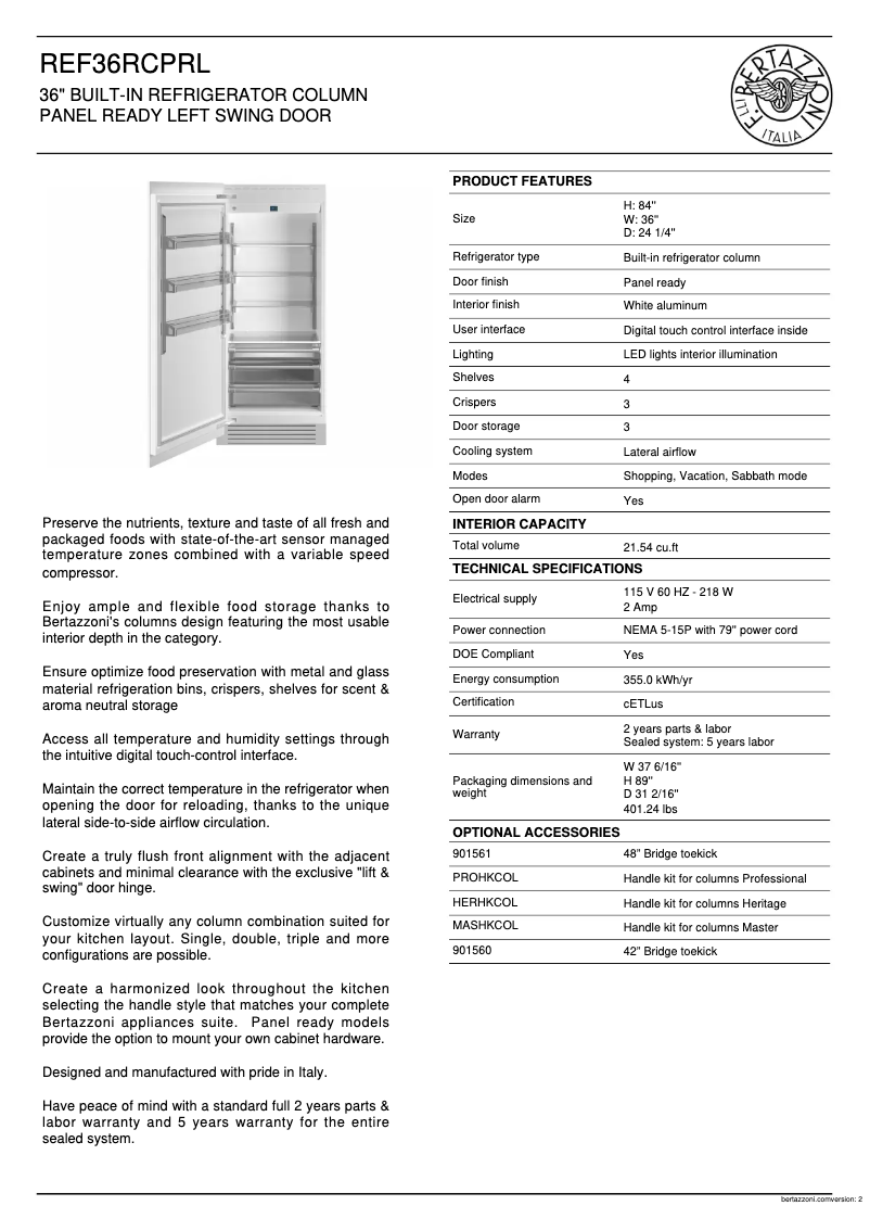Page 1 de la notice Fiche technique Bertazzoni REF36RCPRL
