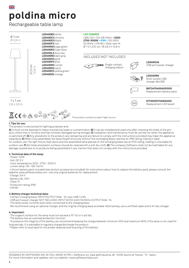 Page 1 de la notice Manuel utilisateur Zafferano Poldina Pro Micro