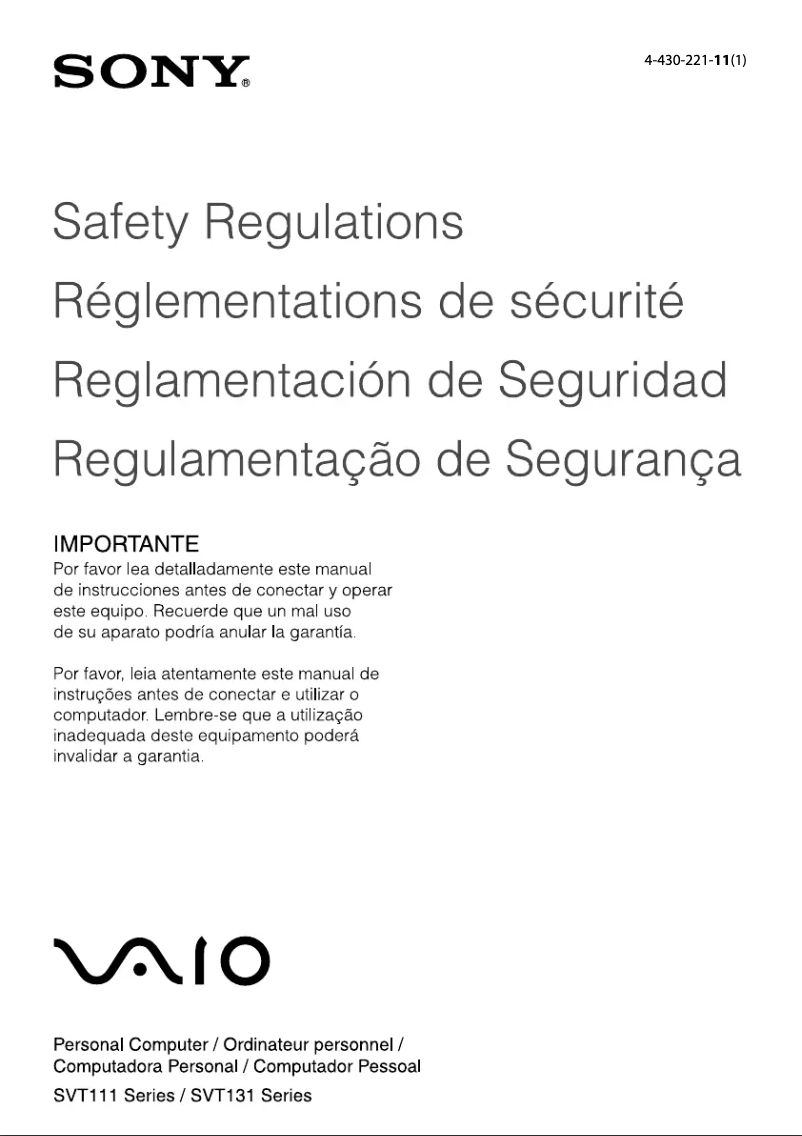 Page n°1 - Instructions de sécurité Sony Vaio Tab 13 SVT1311EFYS