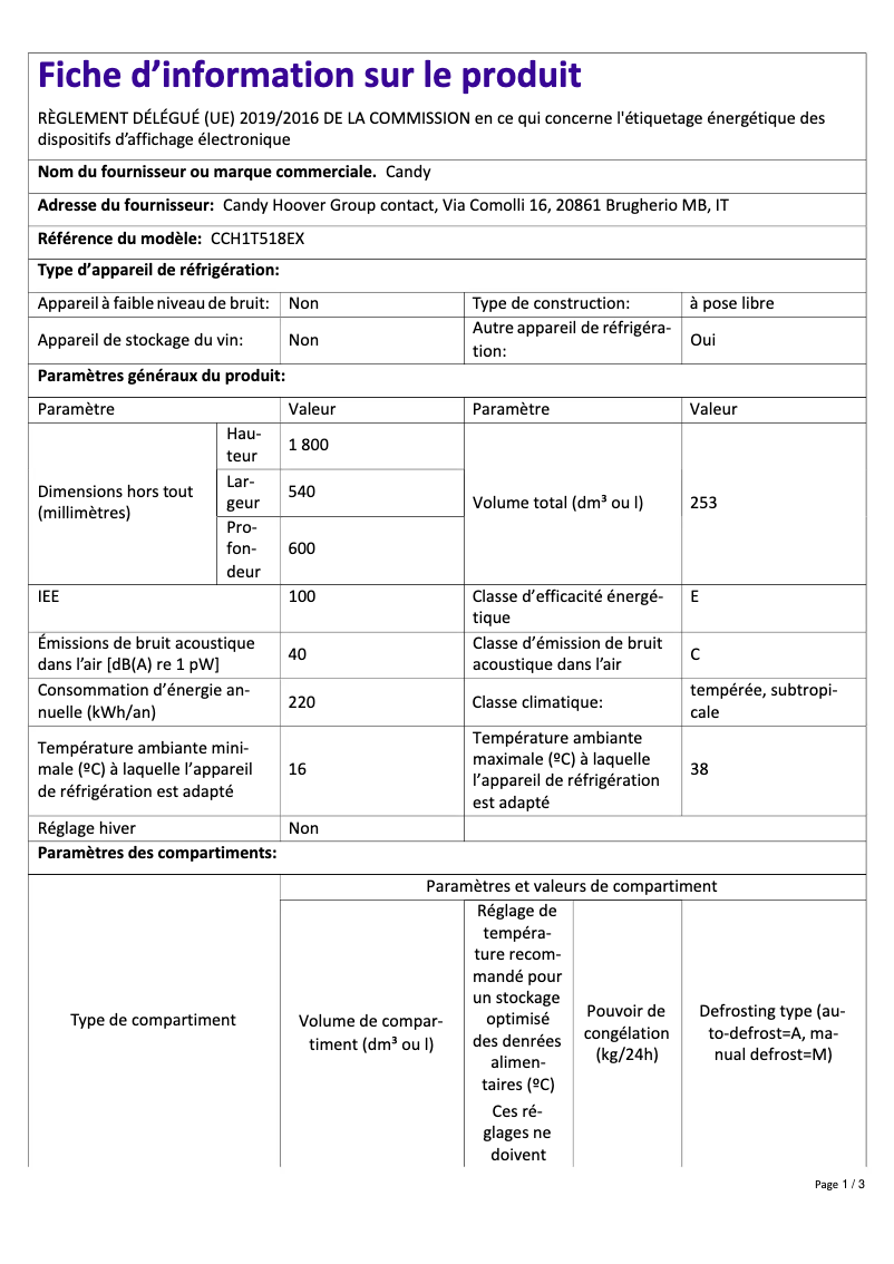 Page 1 de la notice Fiche technique Candy CCH1T518EX