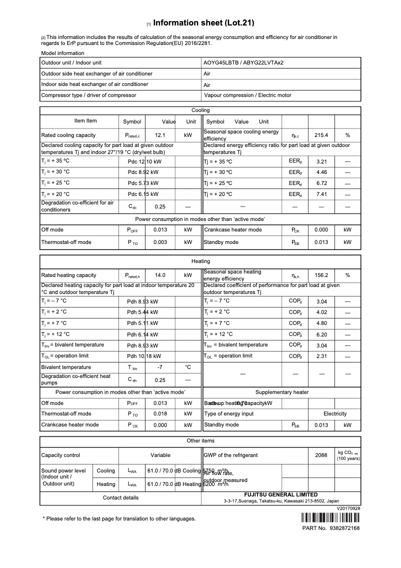 Page 1 de la notice Fiche technique Fujitsu AOYG45LBTB