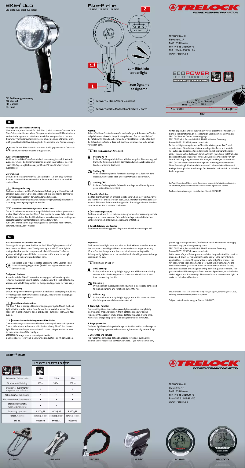 Page 1 de la notice Manuel utilisateur Trelock LS 865 BIKE-i uno