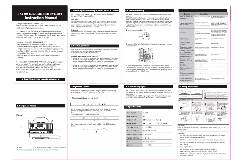 Page 1 de la notice Manuel utilisateur Samyang 7.5mm f/3.5 Micro Four Thirds