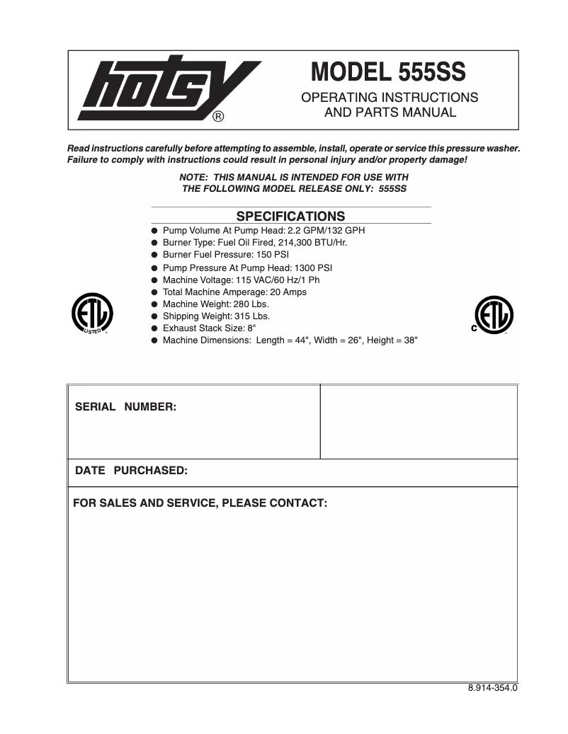 Página 1 del manual Manual de usuario Hotsy 555SS