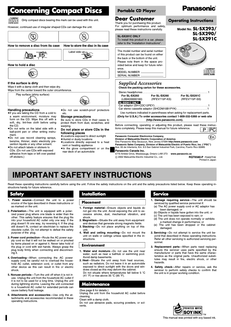 Page 1 de la notice Manuel utilisateur Panasonic SL-SX290P