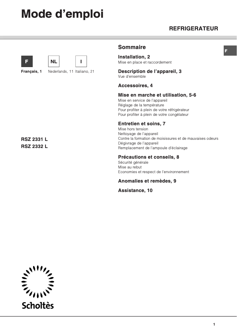 Page 1 de la notice Manuel utilisateur Scholtès RSZ 2332 L