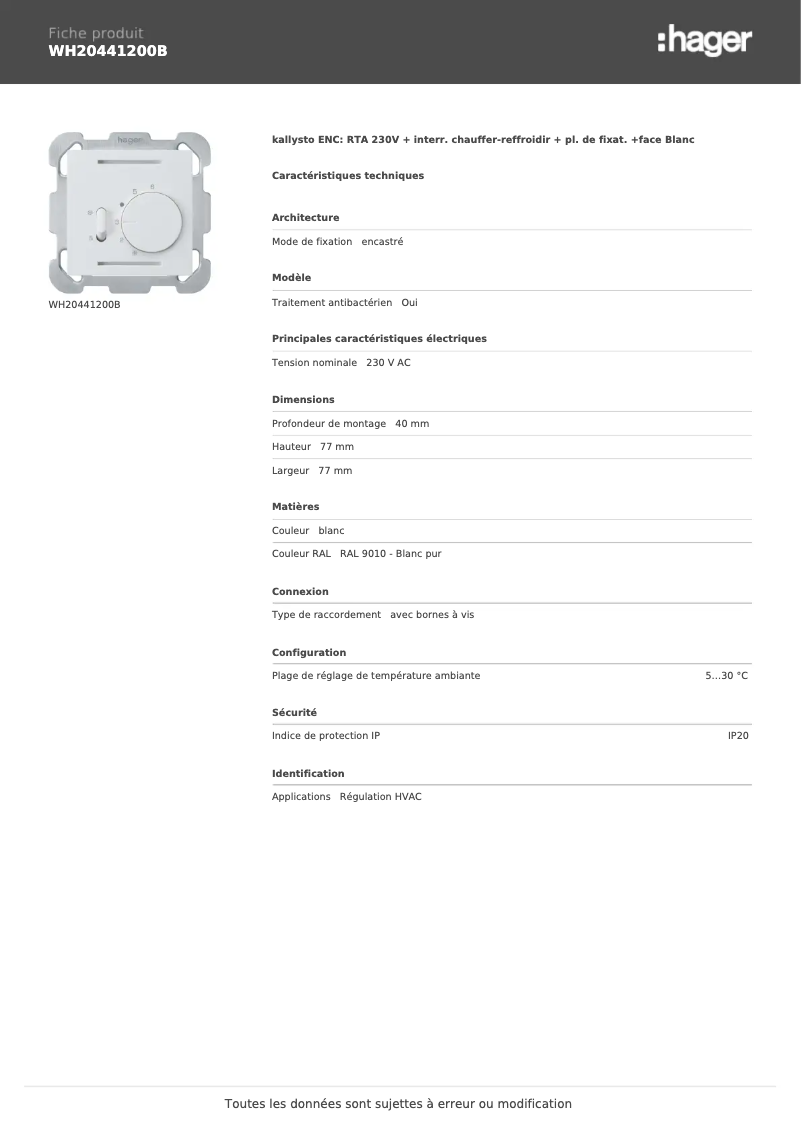 Page 1 de la notice Fiche technique Hager WH20441200B