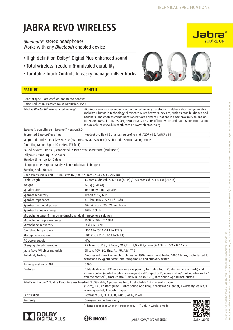 Page n°1 - Fiche technique Jabra REVO Wireless