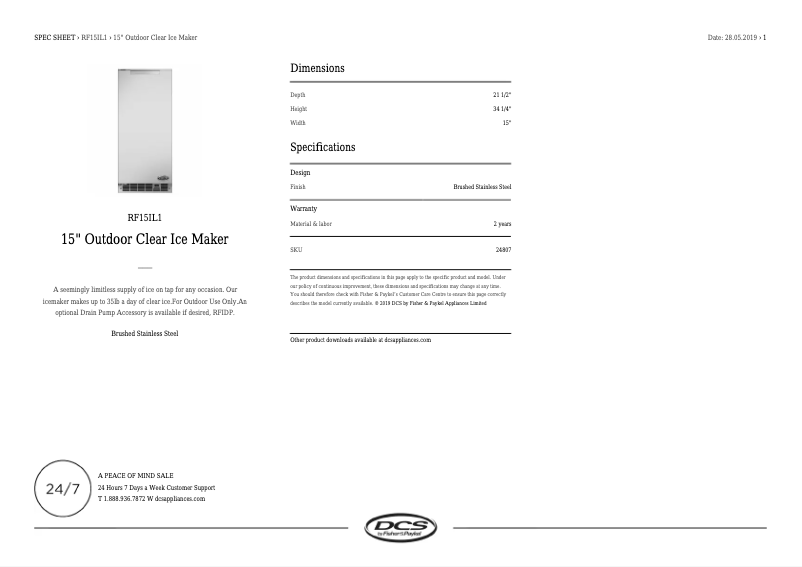 Page 1 de la notice Fiche technique DCS RF15IL1